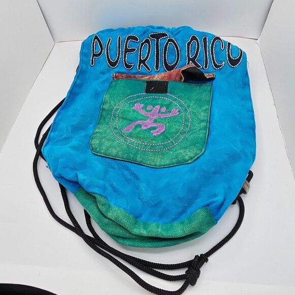 Handcrafted Puerto Rico Drawstring Backpack In Blue & Green With Embroidered Sym - Picture 2 of 7